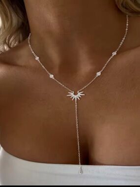 Anthropologie Silver Sunburst Lariat Necklace with Crystal Accents